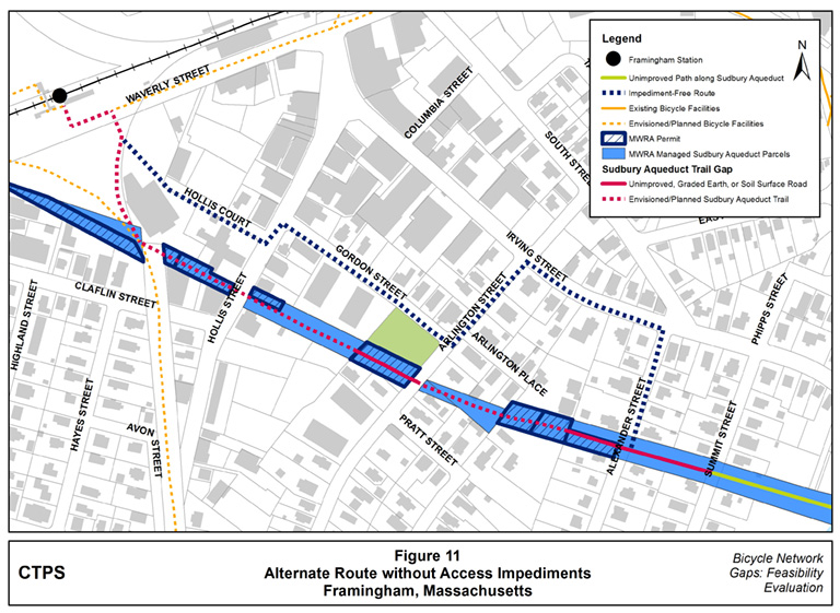 Figure 11 – Map illustrating an alternate route along local streets that loosely follows the path of the Sudbury Aqueduct but doesn’t encounter access impediments. Figure 11 – Map illustrating an alternate route along local streets that loosely follows the path of the Sudbury Aqueduct but doesn’t encounter access impediments.